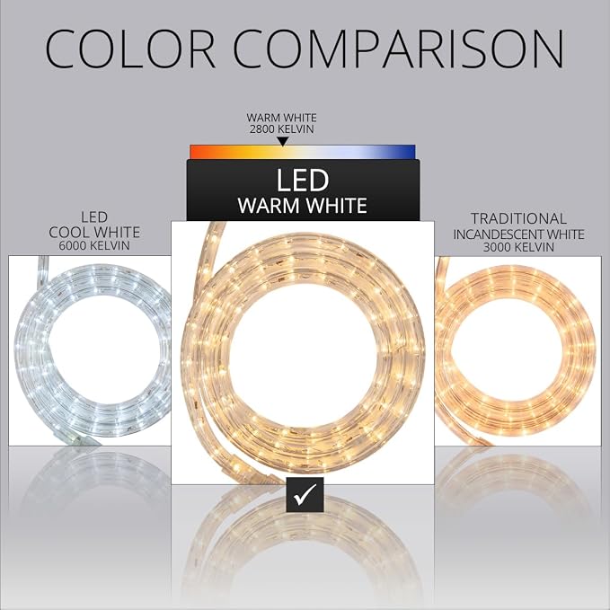Wintergreen Lighting 18' LED Warm White Rope Light, Flexible Light Rope String Light Outdoor – Bedroom LED Light Rope, 120V, ½ Inch, 2-Wire