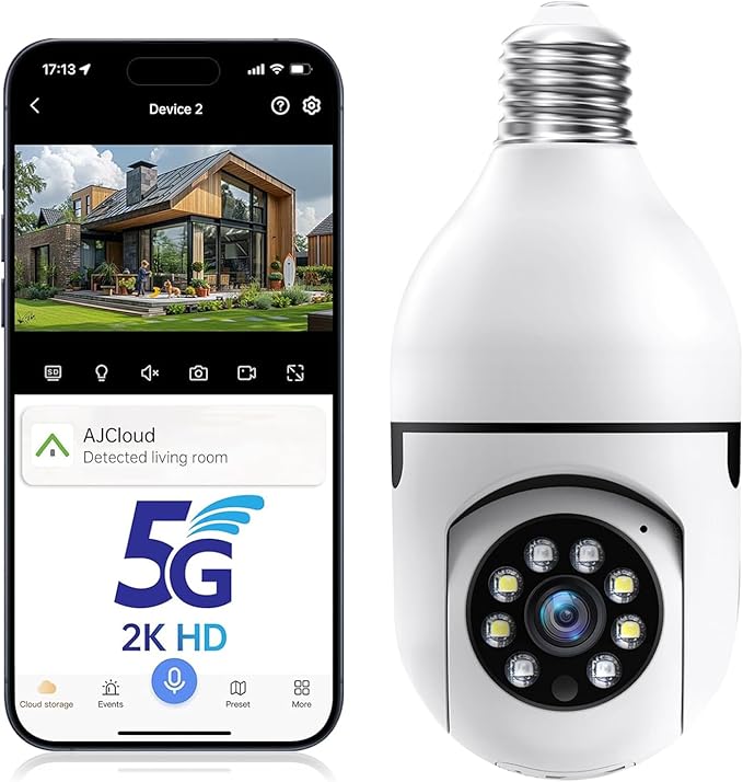 Light Bulb Camera Outdoor, 5G&2.4GHz Wireless Lightbulb Security Cameras for Home Security, Two-Way Talk,Color Night Vision, Human Detection, 2-IN-1 Bulb Security Camera Work with Alexa (1Pack)
