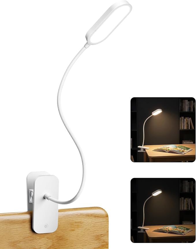 Honeywell Clip On Reading Light,Rechargeable LED 4000K CRI95 Gooseneck Lamp | 2000mAh Battery,Touch Desk Lamp White Light Mode,Eye-Caring Study Lamp With Clamp for Bed/Headboard/Table/Dorm/Home Office