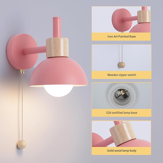 1-Light Nordic Bathroom Wall Sconce with Pull Chain Switch, Modern Vanity Wall Lamp, Bedside Wall Lights for Mirror Kitchen Living Room Hallway Cabinet Porch(Pink)