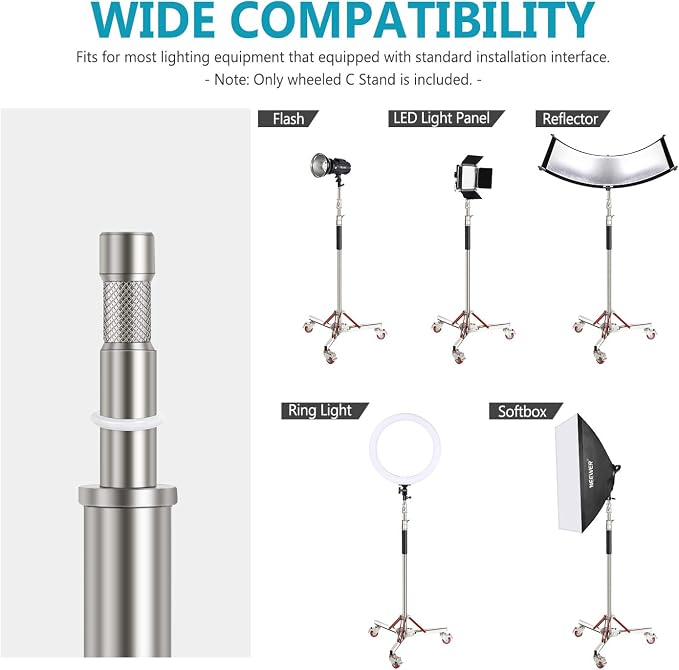 NEEWER Heavy Duty Light Stand with Casters, 100% Stainless Steel Tripod | Adjustable, Photography Wheeled Base Stand, for Studio Softbox, Monolight, Reflector, Max Height: 10ft/305cm