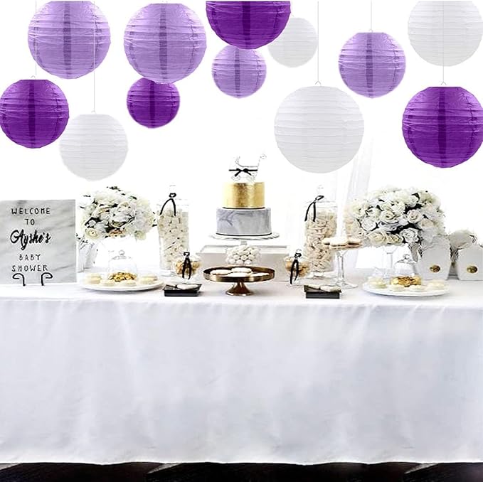 12pcs Purple Hanging Paper Lanterns,Lilac Round Paper Lanterns for Birthday,Baby Shower,Wedding,Party,Home Ceiling Decoration（4" 6" 8" 10" ）