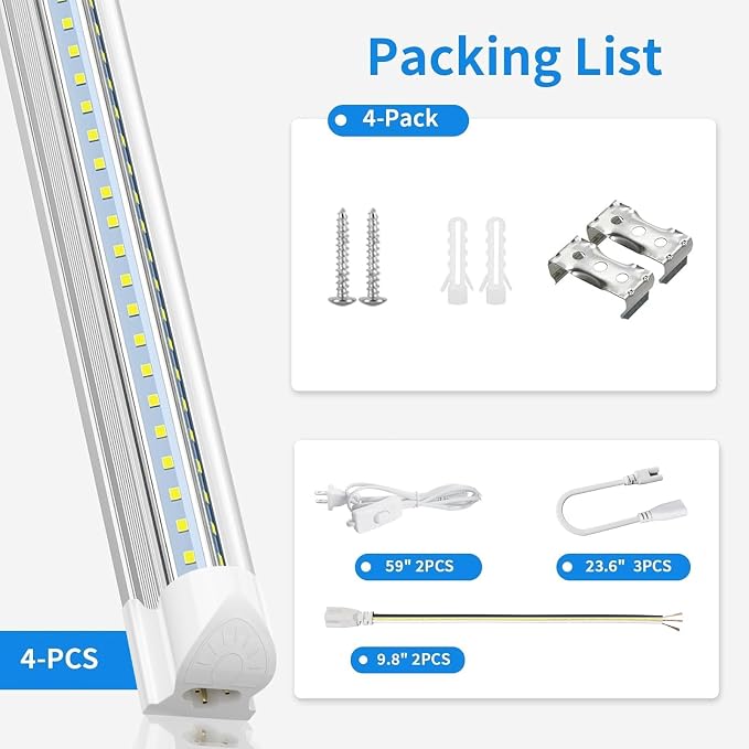 SHOPLED 4FT LED Shop Light, 45W 6300LM 6000K Cool White, V-Shape Linkable | T8 Integrated LED Tube Lights, 4 Foot Shop Lights for Workbench Workshop Garage Basement, Plug and Play, ETL Listed, 4-Pack
