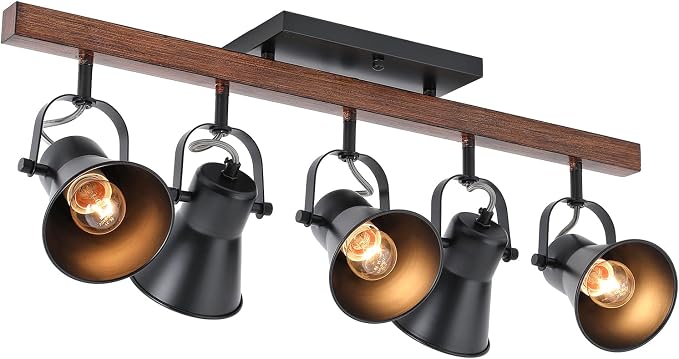 5-Light Track Lighting Fixture Ceiling, Industrial Black Semi Flush Mount Ceiling Light with Rotatable Spotlights, Farmhouse Wood Grain Metal Kitchen Lighting for Living Room Dining Room Hallway