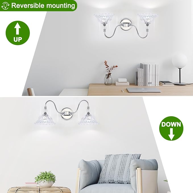 Modern Bathroom Vanity Light Fixtures 2 Lights Chrome Vanity Lights for Bathroom with Floral Crystal Glass Shade Modern Wall Lamp for Mirror(Exclude E26 Bulb)