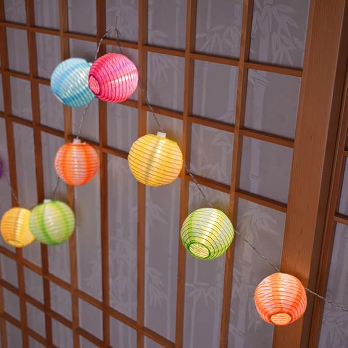 8.5Ft Multicolor Lantern String Lights, Summer Printed String Lights with 10 Colorful Light Bulbs, Nylon Lantern Lights for Patio Bedroom Window Garden Porch Party Decor, White Wire