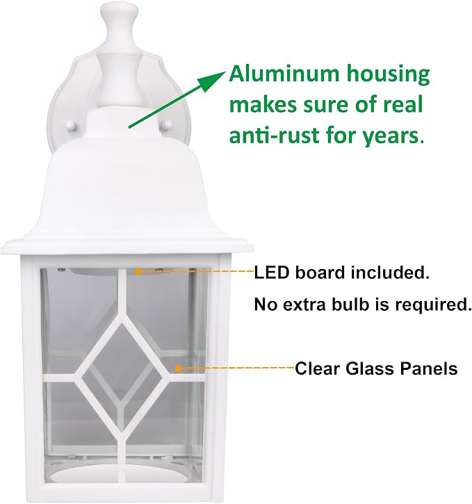 Outdoor Wall Light Fixture, Rustproof Aluminum, Glass | LED Large Exterior Porch Light Wall Sconce Lantern for House, Patio, Garage, Waterproof, 11W 1000 Lumen, 3000K, White