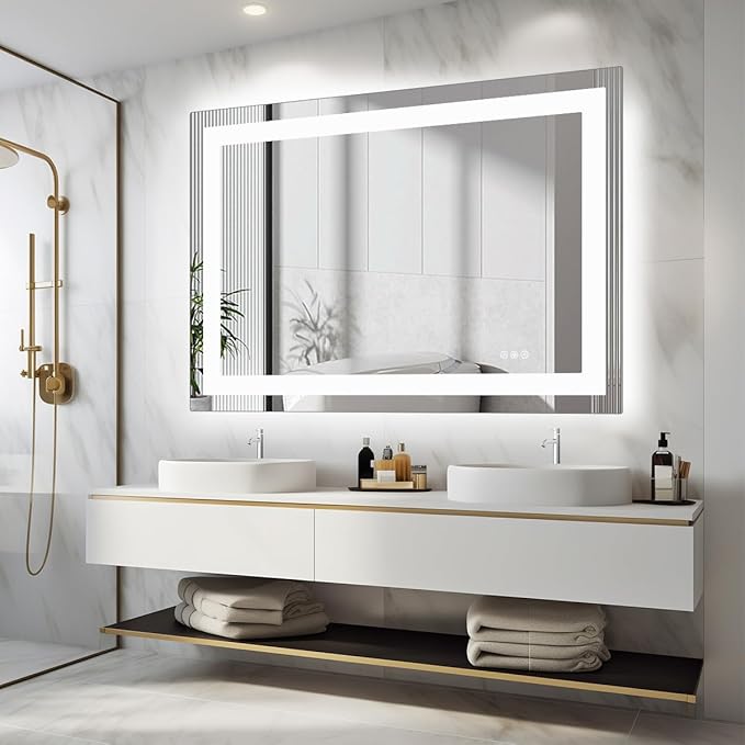 Simple Deluxe LED Bathroom Mirror 36x48 Inch Tempered Glass - Frameless LED Backlit Lighted Mirror for Bathroom Vanity with Anti-Fog, 3 Colors Dimmable, Memory Function, Wall-Mounted