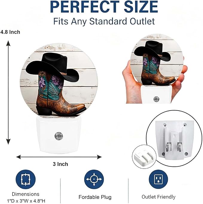 Nightlight Cowboy Boots Night Lights Plug Into Wall Auto Sensor | Rustic Western Night Light Dusk to Dawn Led Sleep Round Lamp for Living Room Hallway Stairs