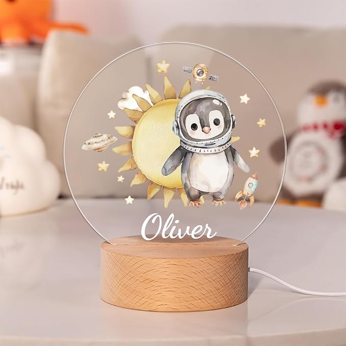Custom Animal Astronauts Night Light, Personalized Cute LED Light for Kids with Name and Wooden Base Nursery Decor
