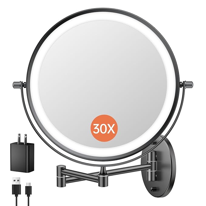 FUNTOUCH 5000mAh Rechargeable Wall Mounted Makeup Mirror with Lights, 8.7" Double Sided 1X/30X Magnifying Mirror with Dimmable 3 Color Light, Extended Swing Arm 360° Wall Mount Bathroom Mirror, Black