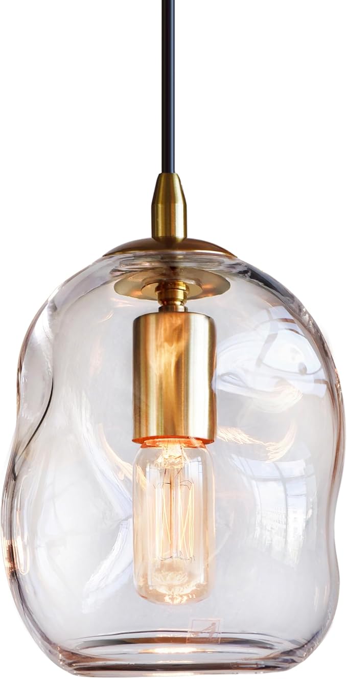 CASAMOTION Modern Glass Pendant Light Kitchen Island Brass Gold Blown Clear Glass, Organic Globe Design Industrial Contemporary Style Sink Bar Counter Porch Small Medium Lamp 8 Inch H