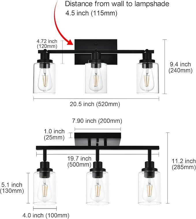 MELUCEE 3 Light Bathroom Vanity Light Black with Rotatable Track Head | 20.5 Inch Track Lighting Fixtures Ceiling Vanity Lighting Fixtures for Hallway Porch Foyer Bath Storage, Clear Glass Shade