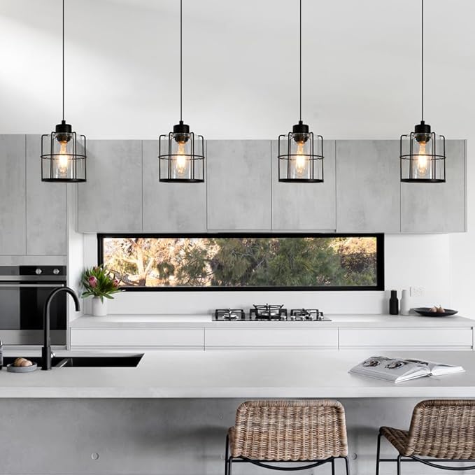 5.91in Industrial Black Pendant Lights Kitchen Island, Glass Island Pendant Lights Set of 2, Small Ceiling Kitchen Island Lights with Adjustable Cord, Farmhouse Hanging Light for Hallway Bathroom