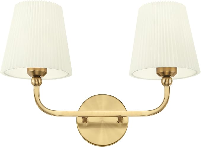 2-Light Gold Bathroom Vanity Light, Beige Pleated Fabric Shade | 17" 2-light gold double wall sconce with beige pleated fabric shades, E26 bulbs, hardwired, upward only, VL837-BG-Z-B-2