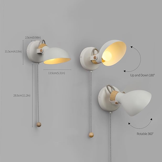 Aisilan LED Wall Sconce with Pull Chain, Adjustable Indoor Wall Light for E12 5W Bulb, Matte White 3000K Wall Mounted Lighting for Living Room, Bedroom, Hallway