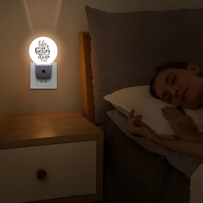 Round LED Night Light,Life is Better with Dog Funny Saying with Dog Paw LED Night Light Plug into Wall with Dusk to Dawn Light Sensor White Energy Efficient Nightlight for Bedroom Living Room