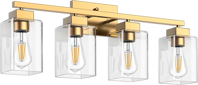 4-Light Bathroom Light Fixtures, Brushed Gold Modern Vanity Lights, Bathroom Lighting Fixtures Over Mirror, Square Design Farmhouse Wall Sconces with Clear Glass Shades