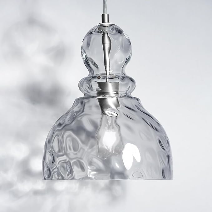 Hammered Glass Pendant Light Smoked Grey Kitchen Island Lights 10in Large Chrome Pendant Hanging Light for Dining Room Kitchen Sink Hallway Entrance, E26