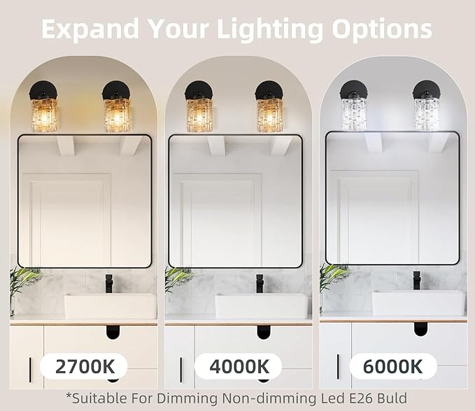 2-Pack 1-Light Modern Matte Black Crystal Wall Sconces, Hardwired Indoor Bathroom Vanity Light Fixtures, Crystal Over Mirror Lamps for Living Room, Bedroom, Hallway