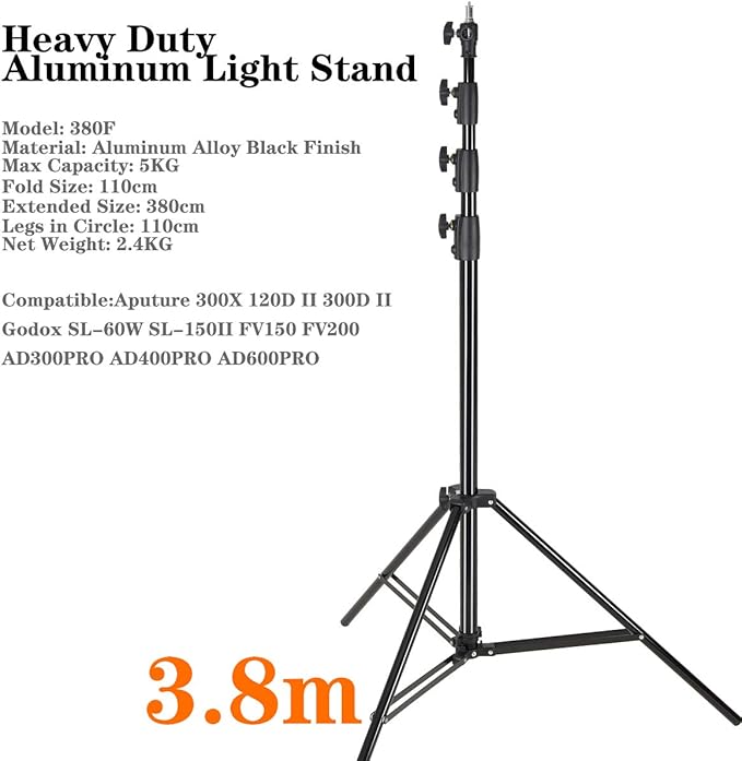 Godox 149 Inches Heavy Duty Aluminum Photography Light Tripod Stand for Aputure Ls60W 300D II Godox SL-60W SL-150II FV150 FV200 AD300PRO AD400PRO Studio Photography Lighting