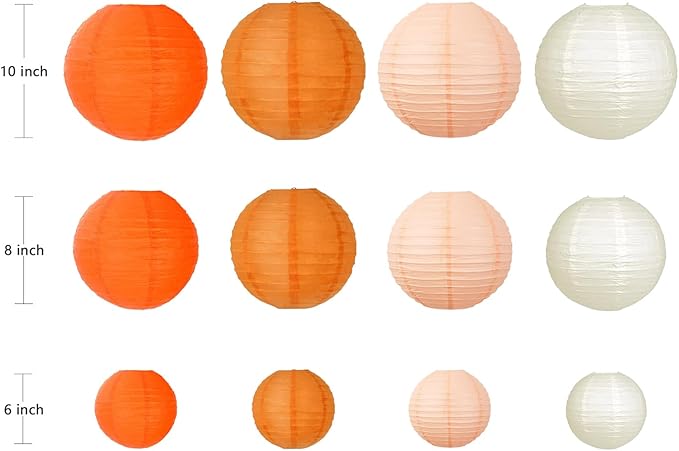 ZOOYOO Orange Peach Paper Lanterns Decorative, Thanksgiving Party Hanging Paper Lanterns Decorations for Fall Harvest Thanksgiving Boho Birthday Wedding Bridal Shower Home Decor Party Decoration 12PCS