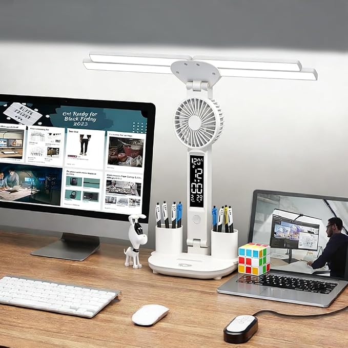 6-in-1 Led Desk Lamp Adjustable Foldable Table Lamp with Fan, Clock, Dates, Temperature, Pen Holder, 3 Color & Stepless Dimming, Reading Lamp for Study Table Work Office