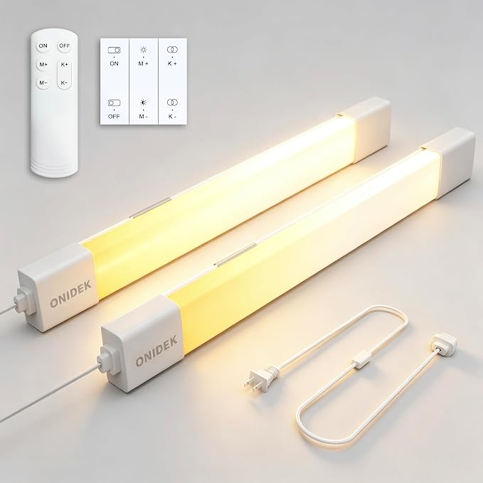 ONIDEK Under Cabinet Lights with Plug. 3000K-6500K Dimming and Color. with Wireless Control Panel and Remote Control.18W 1800LM for Garage, Kitchen, Bathroom, Closet, Office (24 inch-2pcs)