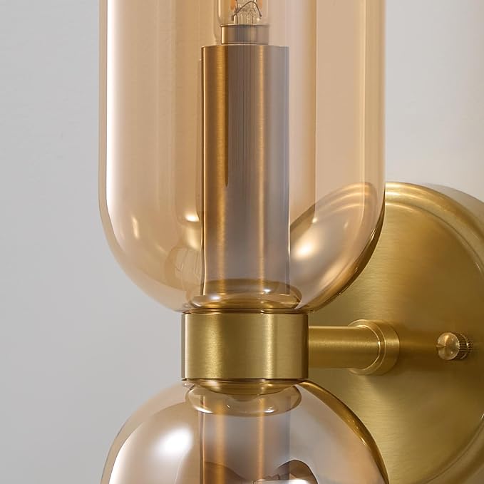 Mid Century Bathroom Wall Sconce: Set of 2 Modern Brass Gold Amber Lights | Minimalist Glass Indoor Dimmable Lighting Fixture with Bulb, Double Brushed Vanity Sconces for Bedroom Living Room Hallway