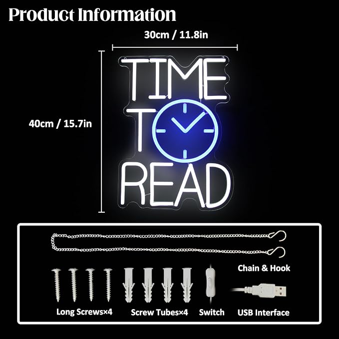 Time To Read Neon Sign Read Books Neon Lights for Bedroom Bookstore Decor | White Letter LED Signs, Blue Clock Neon Read Light Up Sign, Dimmable Acrylic Wall Art, USB Powered, Reading Corner Decor