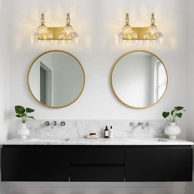 Vintage Bathroom Vanity Light, 2-Light Gold Vanity Lighting Fixture with Flower Glass Shade, Bathroom Lighting Fixtures Over Mirror