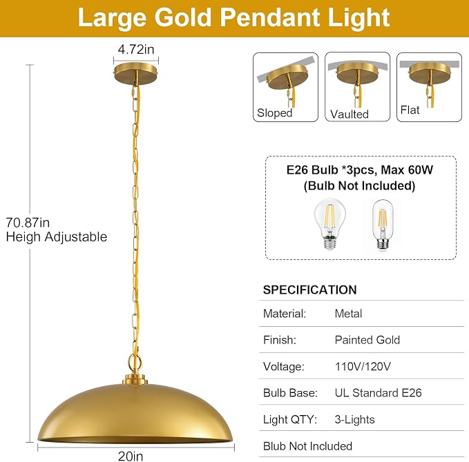 20in Gold Dome Pendant Light 3-Light Kitchen Island Dining Room | Industrial Brass Large Oversized Pendant Lights Chandelier Ceiling Hanging Lighting for Kitchen Island Dining Room Over Table