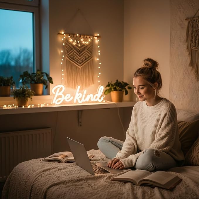 Be Kind Neon Sign Dimmable Classroom Neon Sign Warm White Wall Decor | USB Powered LED Be Kind Light for Bedroom Kids Room Dorm Office Bookstore Boutique and Shop Decoration Teen Room Study Space