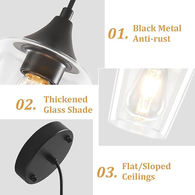 3-Pack Black Pendant Lights Kitchen Island, Modern Glass Pendant Lighting Over Island Kitchen Hanging Light Fixtures Hallway Pendant Lights for Bathroom Dining Room Entryway Foyer Bedroom