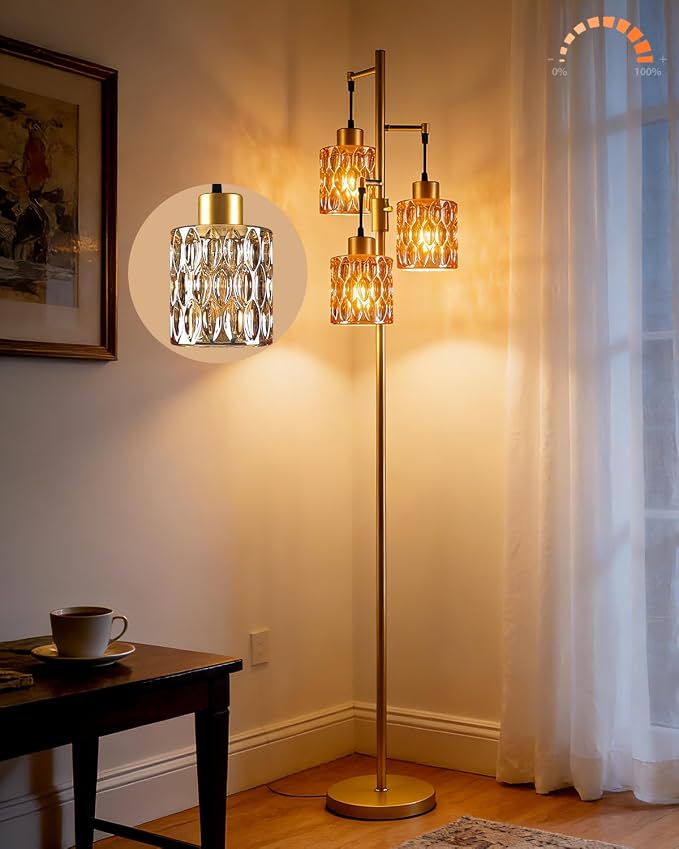 Lightdot 67" 3-Light Glass Floor Lamp for Living Room, Dimmable with Amber Glass Shade & E12 Bulbs Included, Mid Century Standing Tall Lamp with 5Lbs Heavy Base for Bedroom/Sofa Beside/Corner - Gold