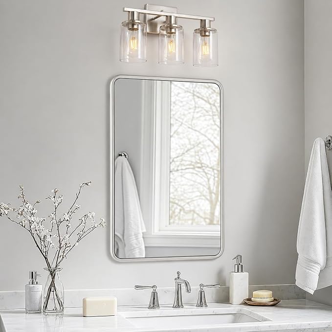 Brushed Nickel Bathroom Light Fixtures Over Mirror,3-Light Bathroom Vanity Light with Clear Glass Shade,Modern Farmhouse Wall Sconces Lighting for Mirror Kitchen Living Room Cabinet