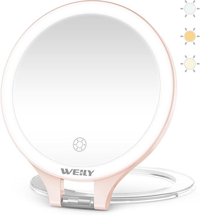 WEILY Magnifying Makeup Mirror 10X/1X, Travel Mirror with Light | Double Sided Rechargeable Mirror with 3 Color Lights for Makeup, Tweezing, Blackhead and Come Done Removal (Pink)