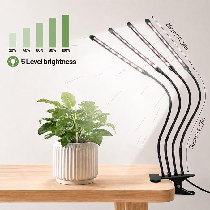 Grow Light for Indoor Plants - Upgraded Version 80 LED Lamps with Full Spectrum & Red Blue Spectrum, 3/9/12H Timer, 10 Dimmable Level, Adjustable Gooseneck,3 Switch Modes (4 Heads Full Spectrum)
