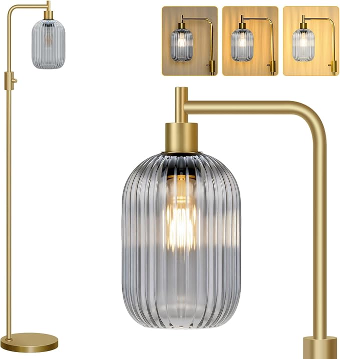 【Upgraded】 Dimmable Floor Lamp for Living Room with Gray Ribbed Glass Lampshade, Gold Modern Floor Lamp with 900LM LED Bulb Included, Arc Standing Tall Lamp for Bedroom, Office, Reading Room, Corner