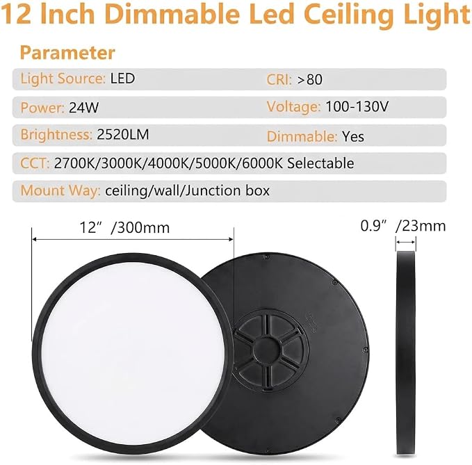 Dimmable 12Inch LED Flush Mount Ceiling Light, 24W, 2520LM, 2700K/3000K/4000K/5000K/6000K CCT Selectable,LED Round Flat Panel Light Dimmable from 5% to 100% for Bedroom,Kitchen,Hallway, Black 12PK