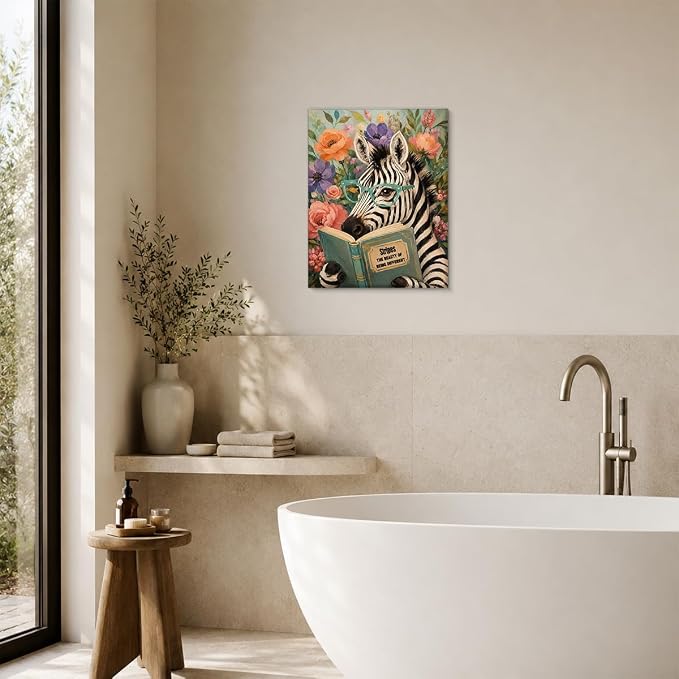 NSFBESSLIA Funny Reading Zebra Painting, Whimsical Floral Animal Decor, Stripes The Beauty of Being Different, Cottagecore Wall Art for Living Room Bedroom Entryway, 8x10 Inch
