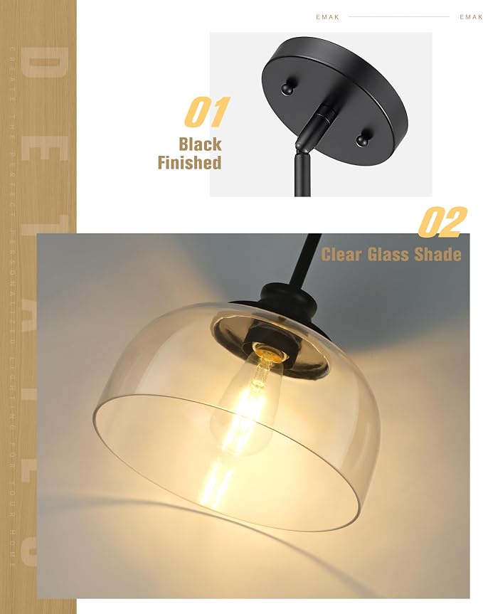 Emak Modern Pendant Lights Kitchen Island, Black Pendant Light with 10 Inch Clear Glass Shade, Farmhouse Hanging Light Fixture for Kitchen Island, Dining Room, Bathroom, Bar, PL131-BK-CG