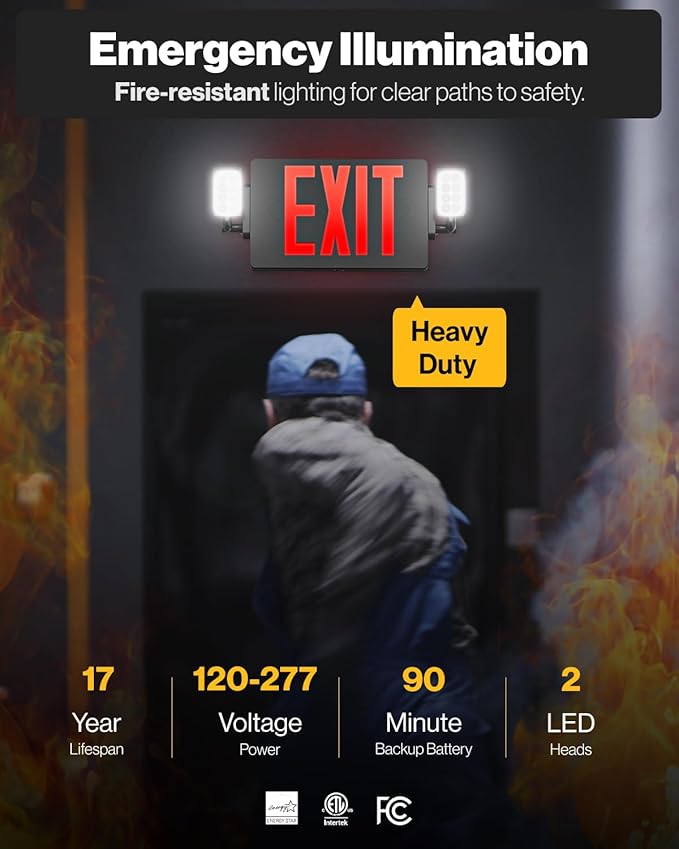 Sunco 6 Pack Black Exit Signs With Emergency Lights, Two Adjustable LED Lights, 94V-0 Fire Resistant, Backup Battery, 120-277V, Wall Or Ceiling Mount, Commercial Grade UL.
