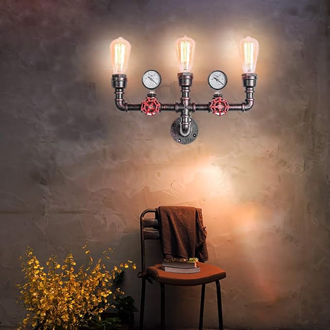 MQ Water Pipe Wall Lamp Steampunk, 3 Lights Wall Sconces Vintage Rustic Wall Light Fixtures Wall Mount E26 Socket for Bathroom Hallway Basement Copper Color