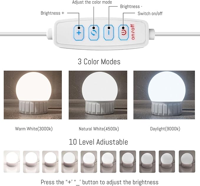 LED Makeup Mirror Light Hollywood Style Vanity Lights USB Fill Light Adjustable Color and Brightness Suitable for Full-Length Mirror, Dressing Room, Dressing Table Set (No Mirror Include) (12 Bulbs)