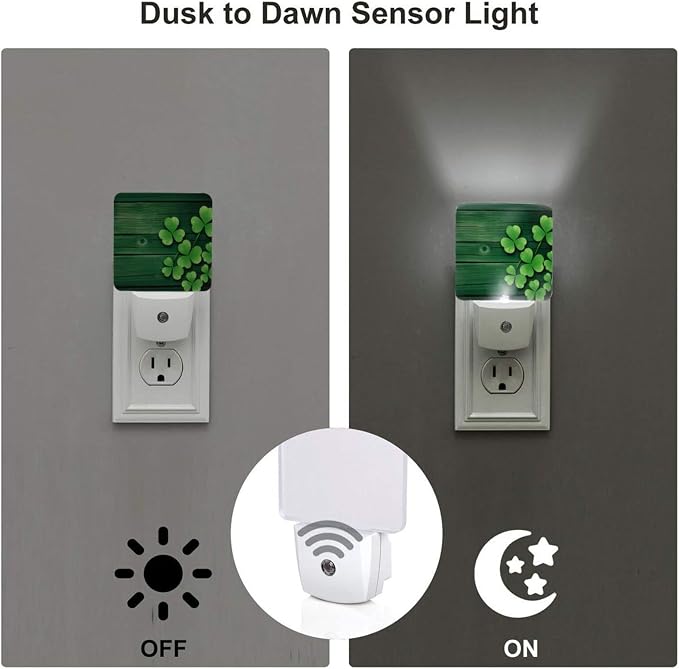 Clovers LED Plug-in Night Lamp 2 Piece Set, Auto Sensor St Patrick's Day Nightlights Set of 2 for Bedroom Bathroom Hallway