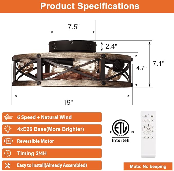 SHLUCE Caged Ceiling Fan with Light and Remote, Farmhouse Fandelier | 19" Flush Mount Small Rustic Low Profile Bladeless Design, Quiet Operation, ETL Listed, for Kitchen & Bedroom Indoor Use