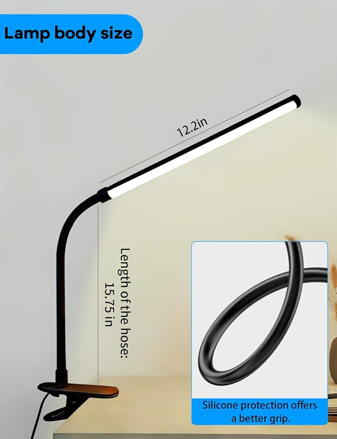 2 Pack LED Desk Lamp with Clamp,Eye-Friendly Clip on Lights for Home Office Study Reading,3 Modes 10 Brightness,Long Flexible Goose-Neck,Swing Arm Architect Task Table Lamps USB Usage
