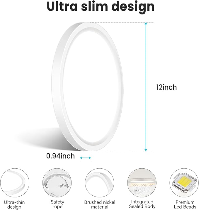 libtit 12 inch Flush Mount LED Ceiling Light Fixture, 3000K 4000K 6500K Adjustable, 28W 3200lm White Round Lighting Fixtures for Bathroom Shower Hallway Kitchen, 2 Pack