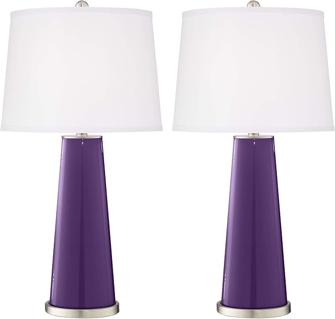 Color + Plus Leo 29 1/2" Tall Cylinder Modern End Table Lamps Set of 2 Acai Purple Brushed Nickel Finish Glass Fabric White Shade Living Room Bedroom Bedside Nightstand House Office Home Reading